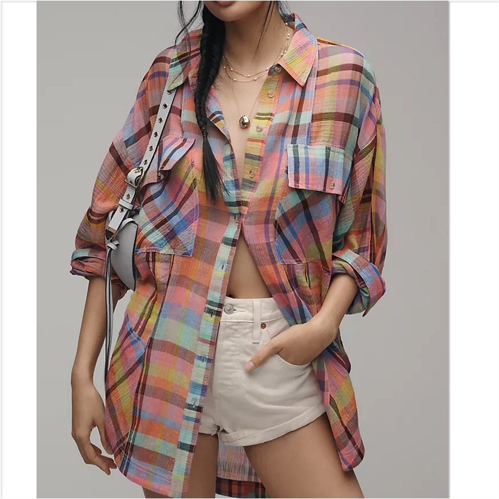 Anthropologie Pilcro Mixed Madras Plaid Oversized Buttondown Shirt S/M Boho
